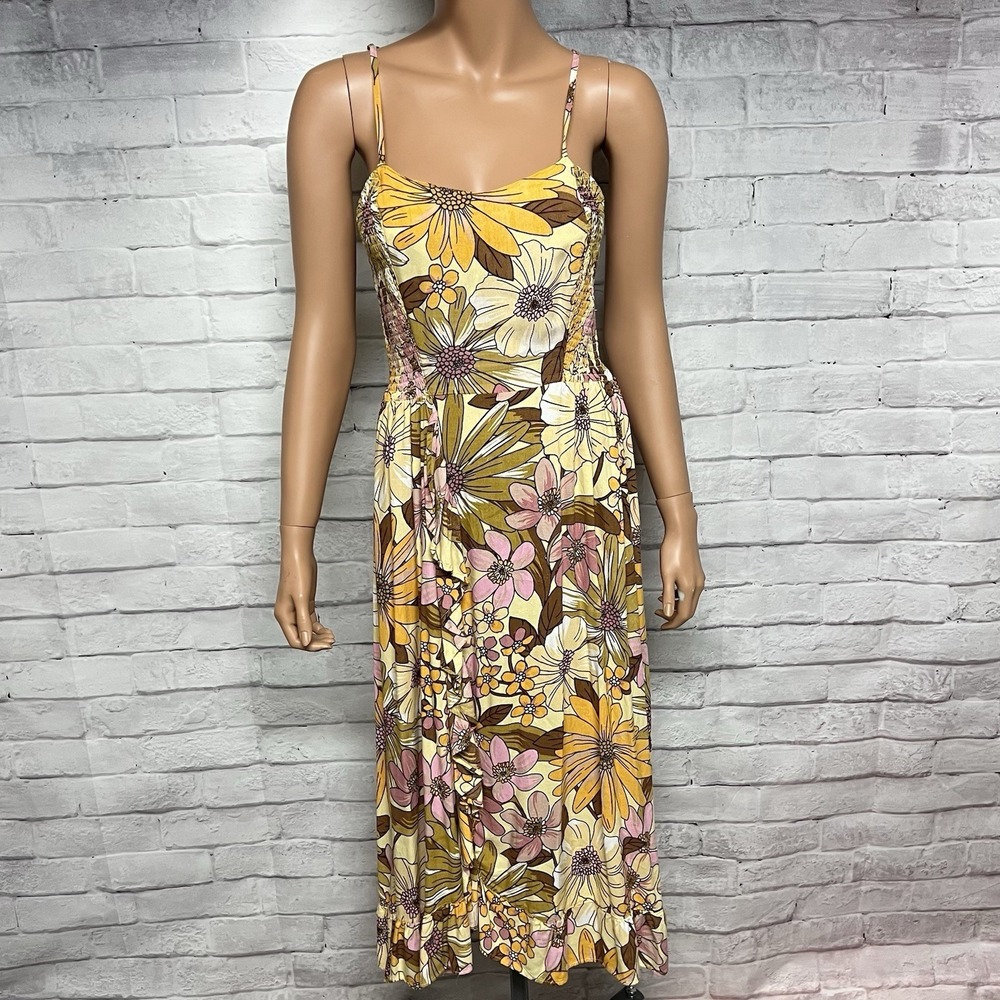 Angie Dress Womens Medium Floral Sleeveless Maxi‎ Yellow Brown 70s Boho Smocked
